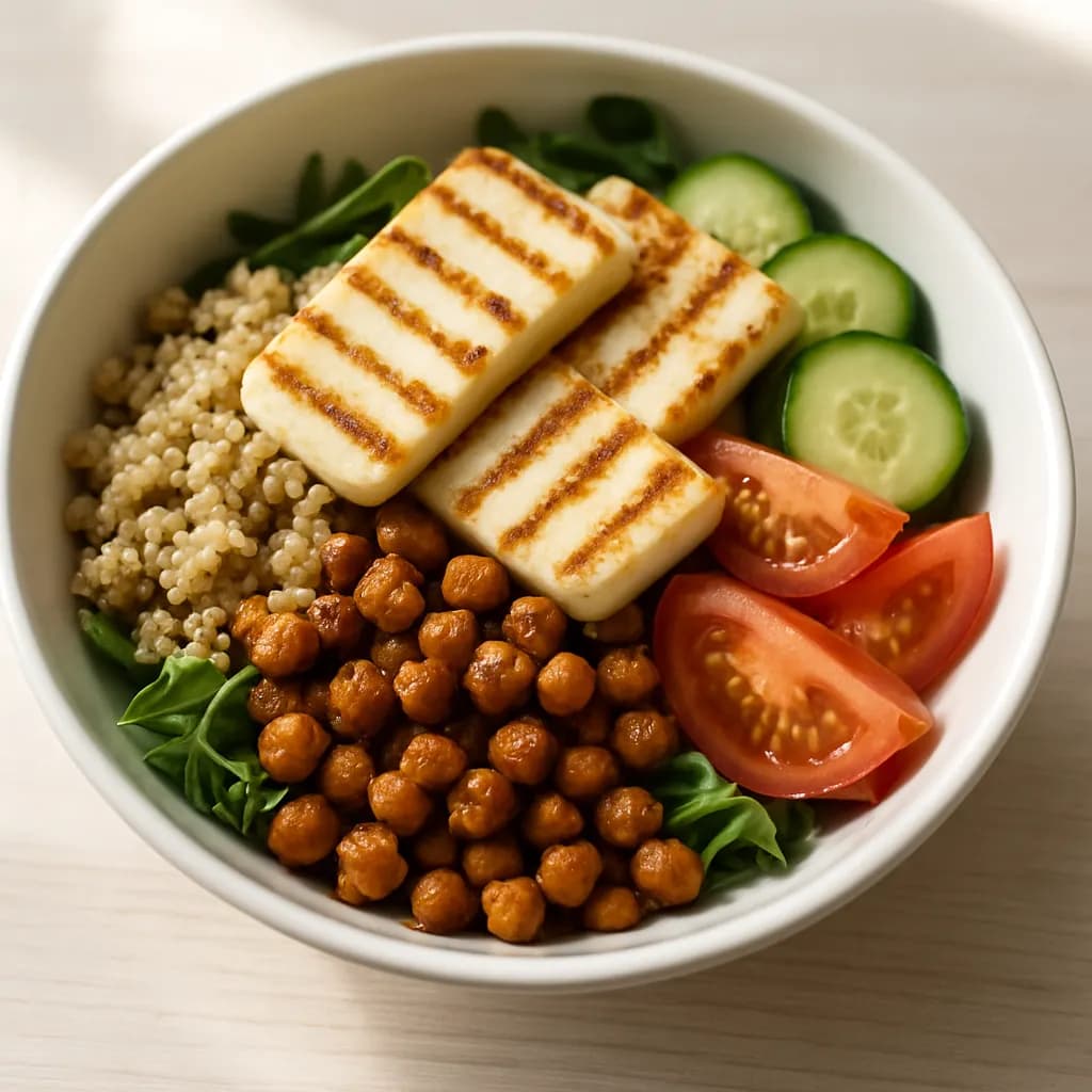 Bowl z serem halloumi i pieczoną ciecierzycą
