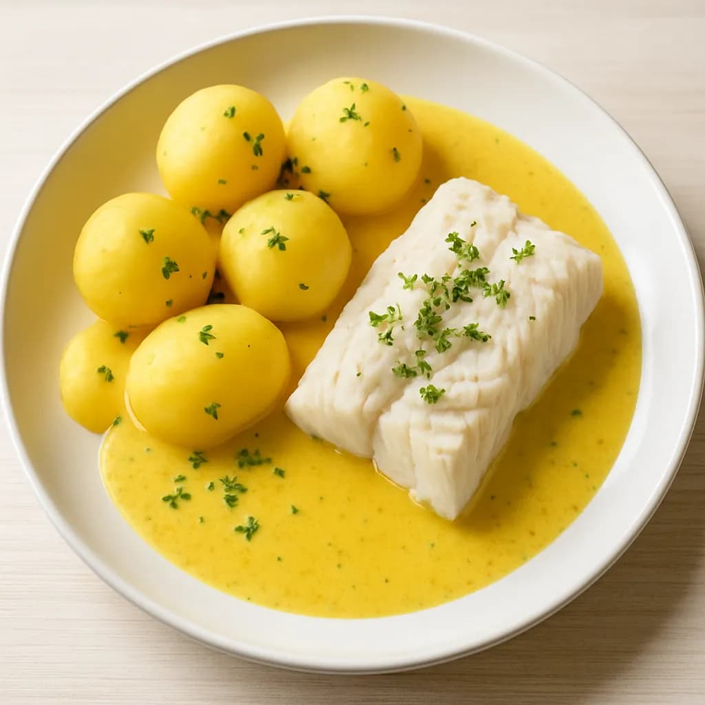 Dorsz na parze z sosem curry i ziemniakami