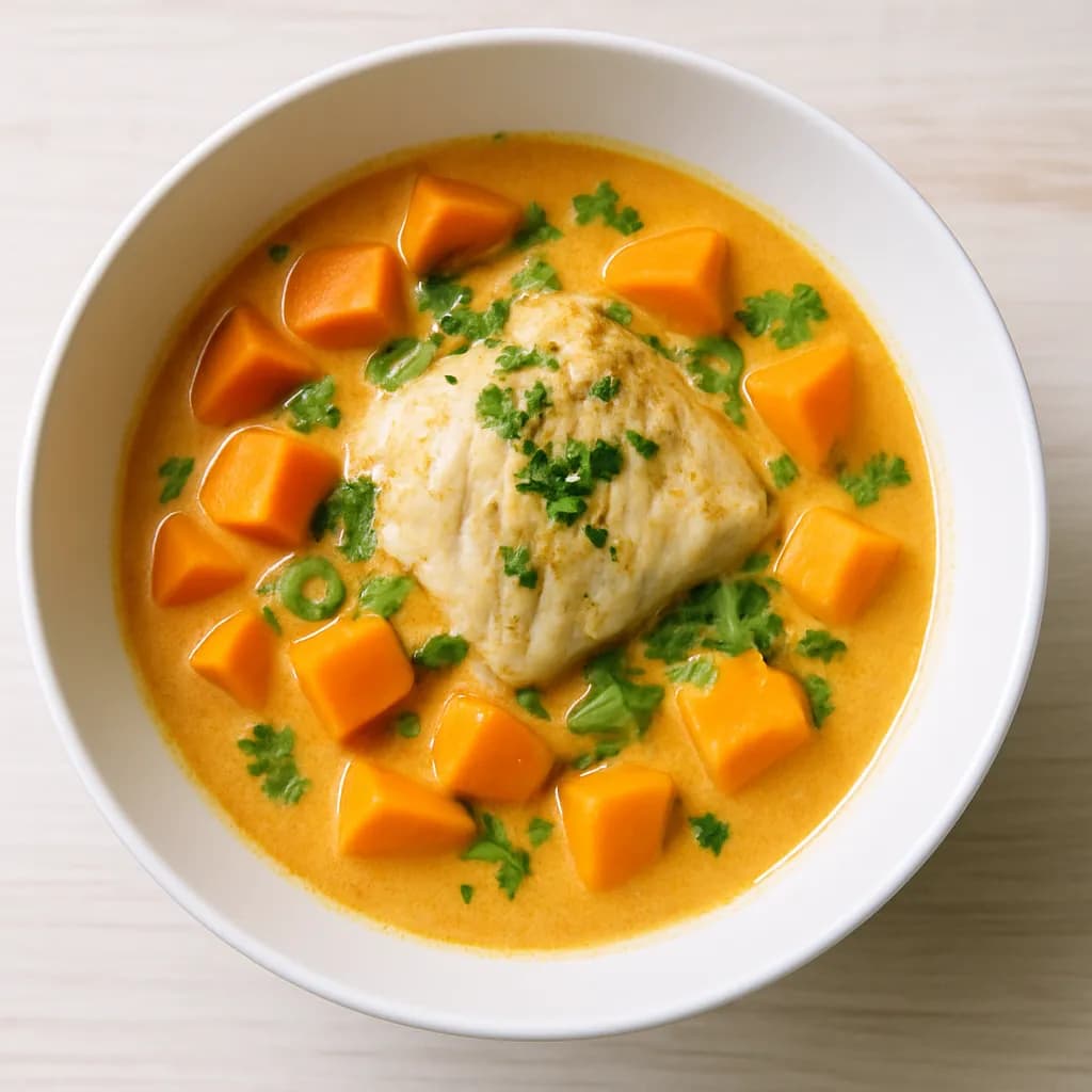 Kokosowa zupa z batatami z dorszem