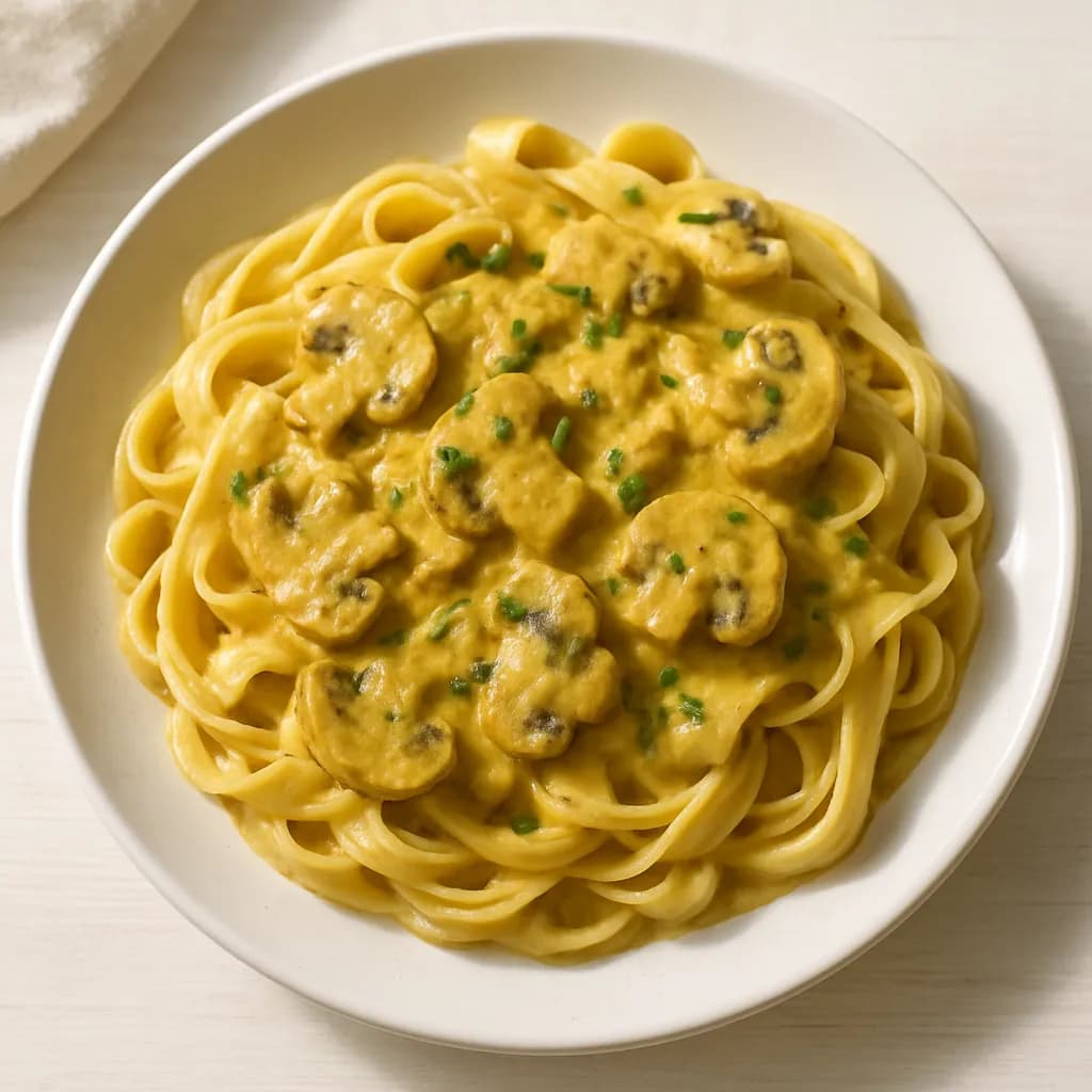 Makaron w kremowym sosie pieczarkowym curry