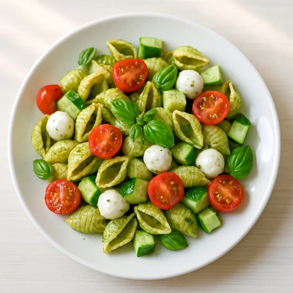 Makaron z pesto, mozzarellą i świeżymi warzywami