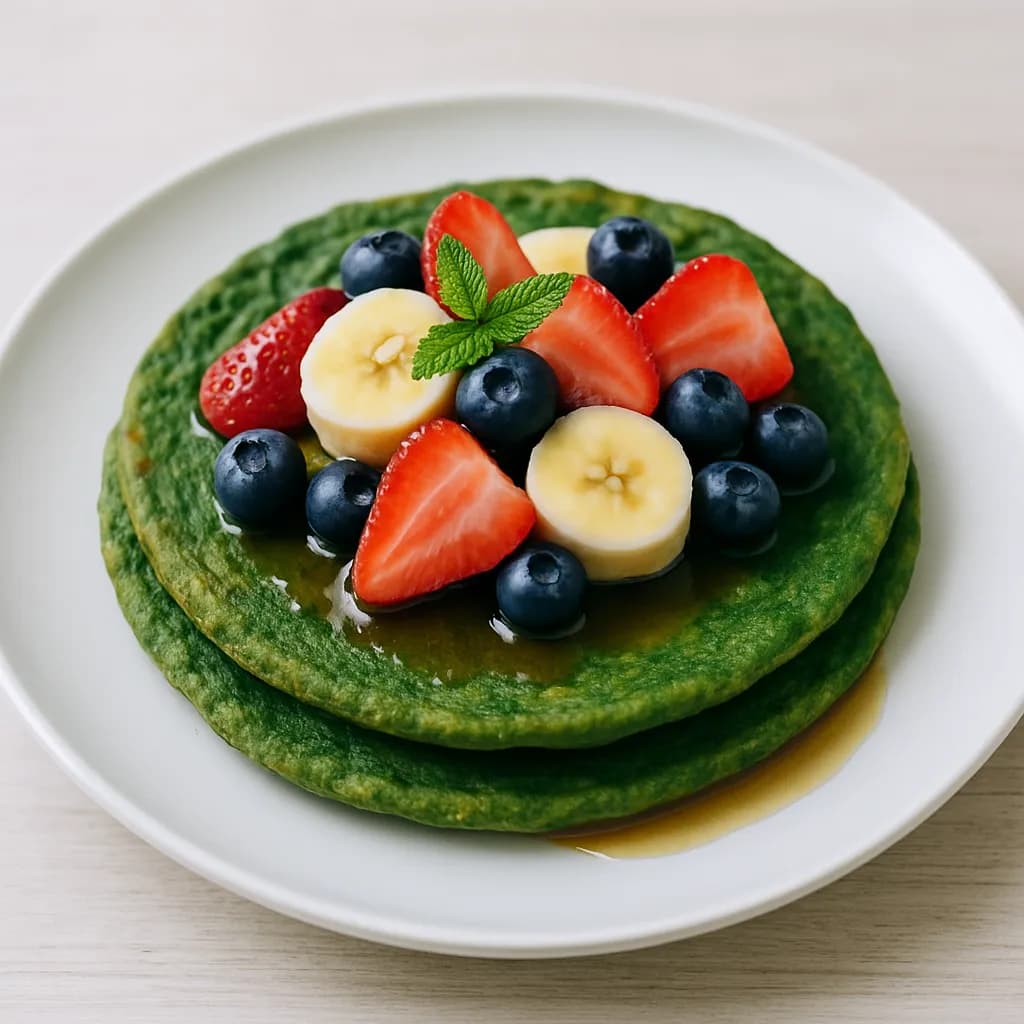 Pancakes szpinakowe z owocami i syropem