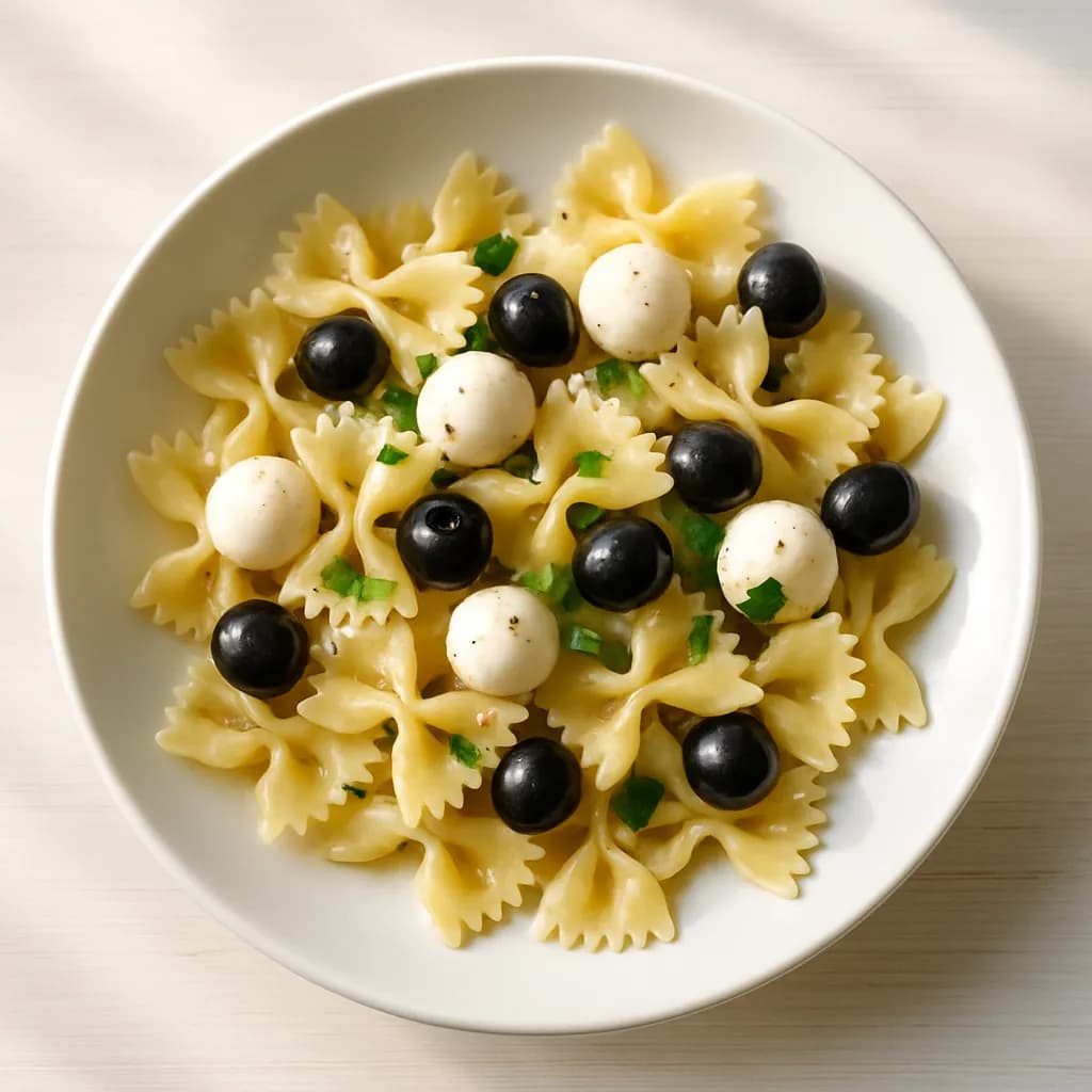 Farfalle z mozzarellą i oliwkami