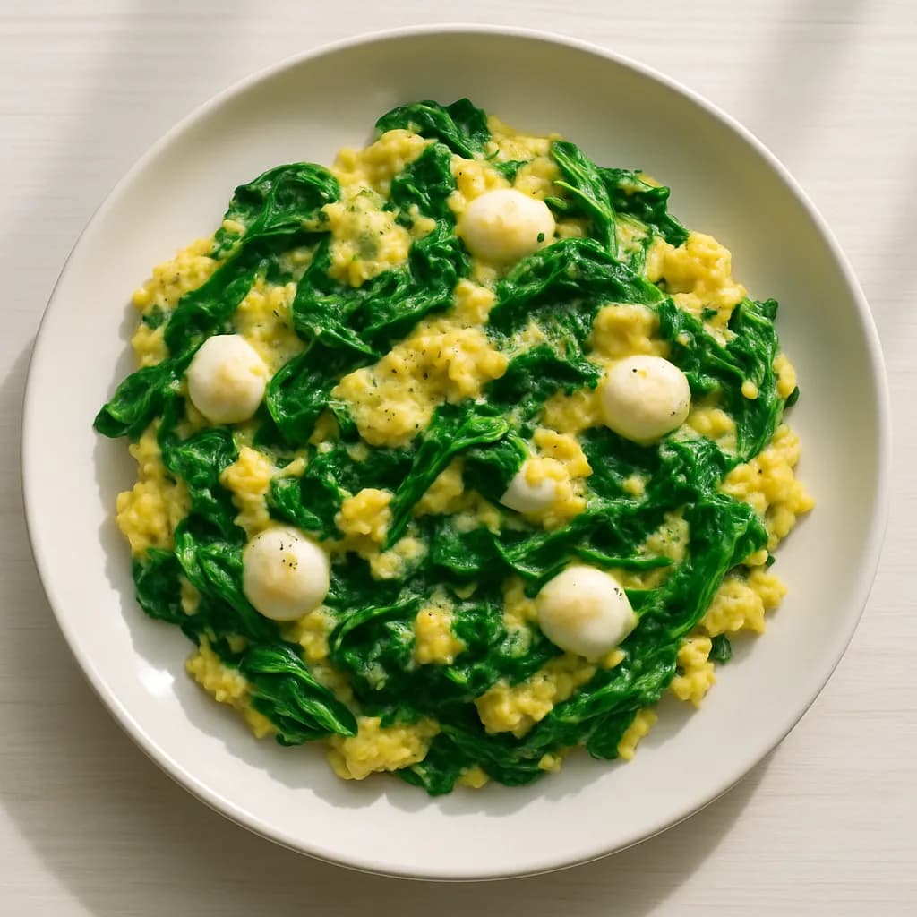 Jajecznica ze szpinakiem i mozzarellą