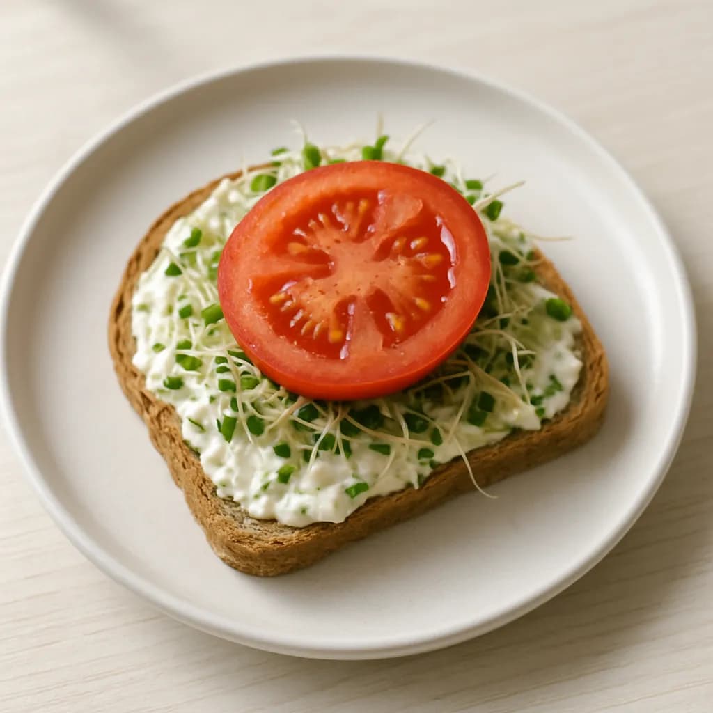 Kanapki z serkiem ze szczypiorkiem, kiełkami i pomidorem
