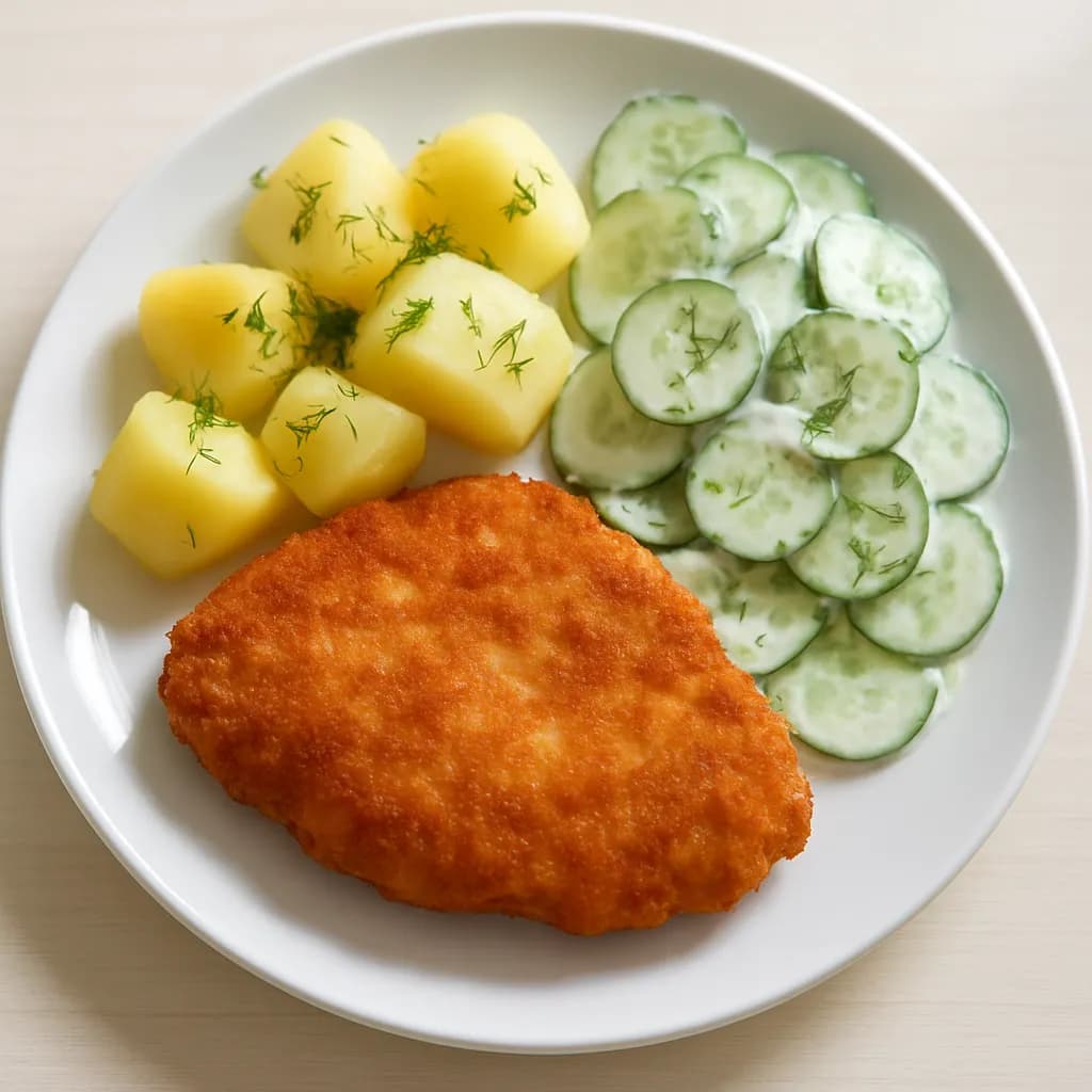 Kotlet drobiowy z ziemniakami i mizerią