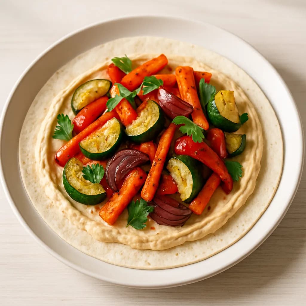 Tortilla z hummusem i pieczonymi warzywami